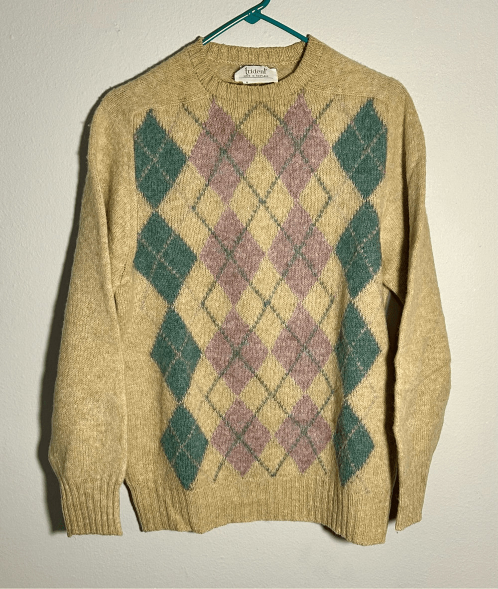 Vintage Trident 100% Shetland Wool Tan Teal Purple Argyle Scotland Sz XL